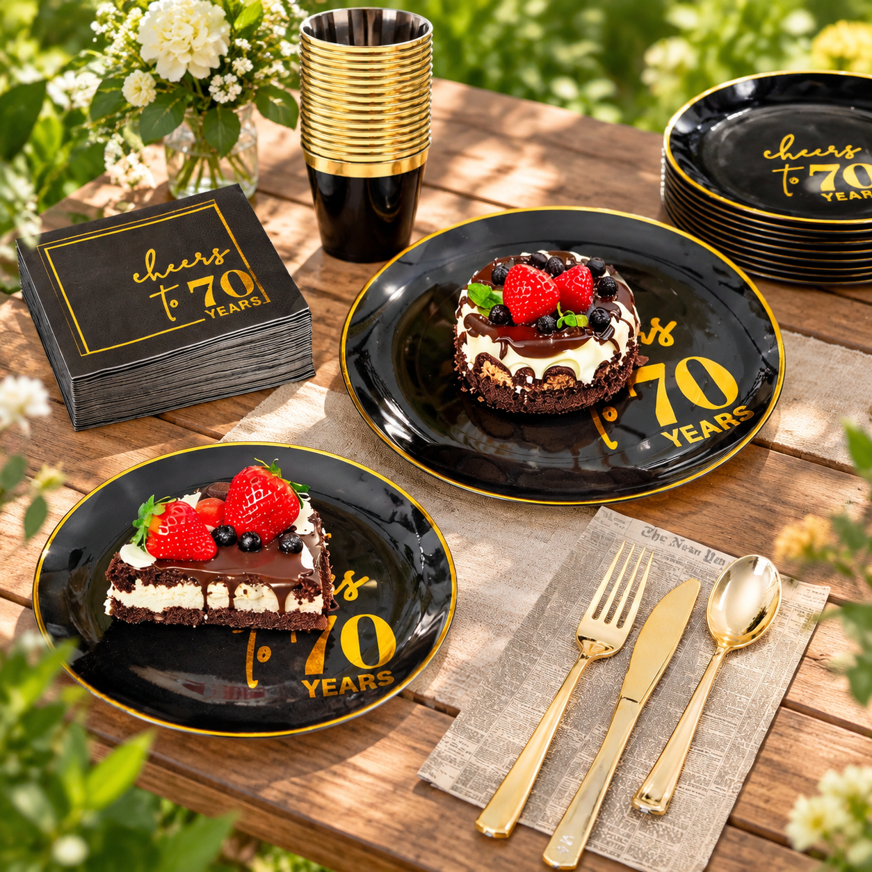 70 Years Black Plastic Disposable Party Plates and Dinnerware Set for ...