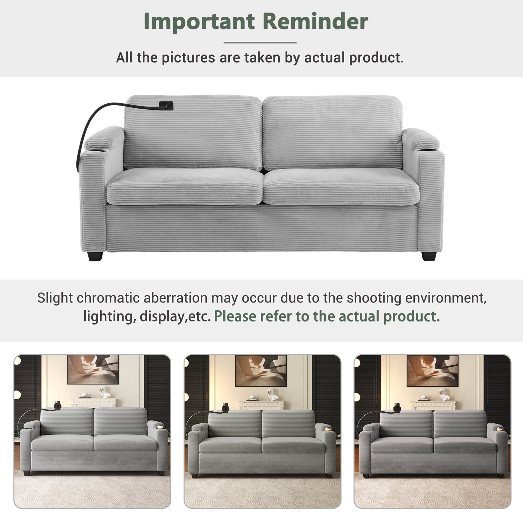 Harper & Bright Designs Corduroy Sleeper Sofa with Full Size Mattress, Convertible Pull-Out Sofa Bed with USB Charging Ports and Cup Holders & Phone Holder for Small Spaces Apartments, 72.8" Grey