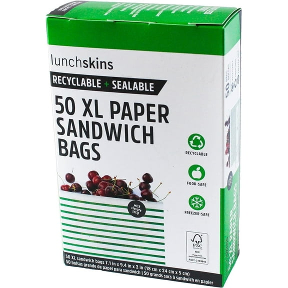 Lunchskins Recyclable Sealable Stripe Quarts Paper Bags 50 Pack Pack of 4