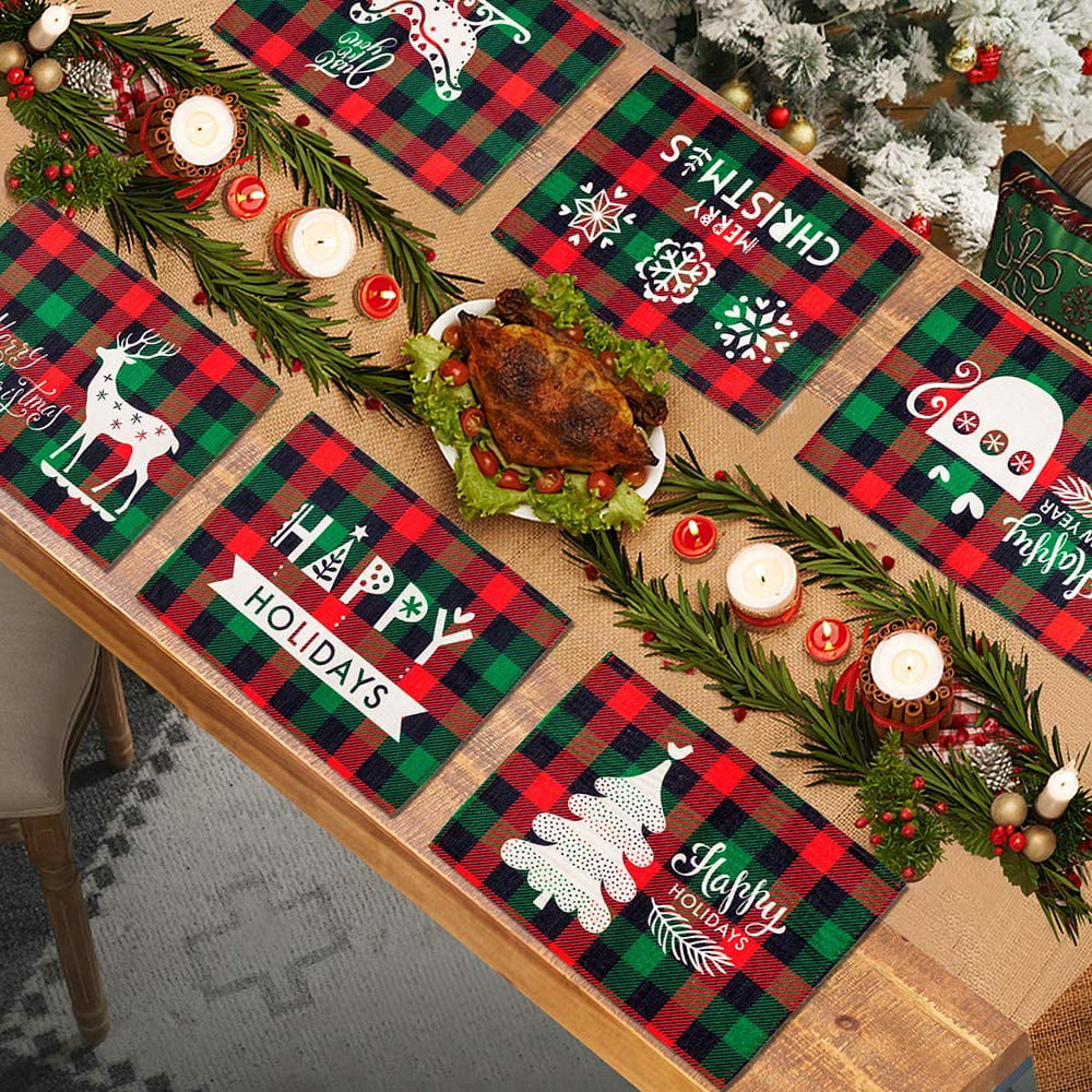 AerWo 6pcs Cotton /& Burlap Buffalo Check Placemats Waterproof Buffalo Plaid Christmas Placemats for Christmas Table Decorations Lumberjack Party Supplies
