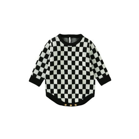 

jaweiwi Infant Baby Girls Boys Knitted Romper Checkerboard Plaid Round Neck Long Sleeve Sweater Jumpsuits Fall Winter Bodysuits