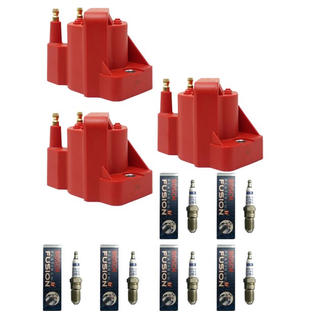 Red Ignition Coils and Spark Plugs Compatible with 20002003 Oldsmobile