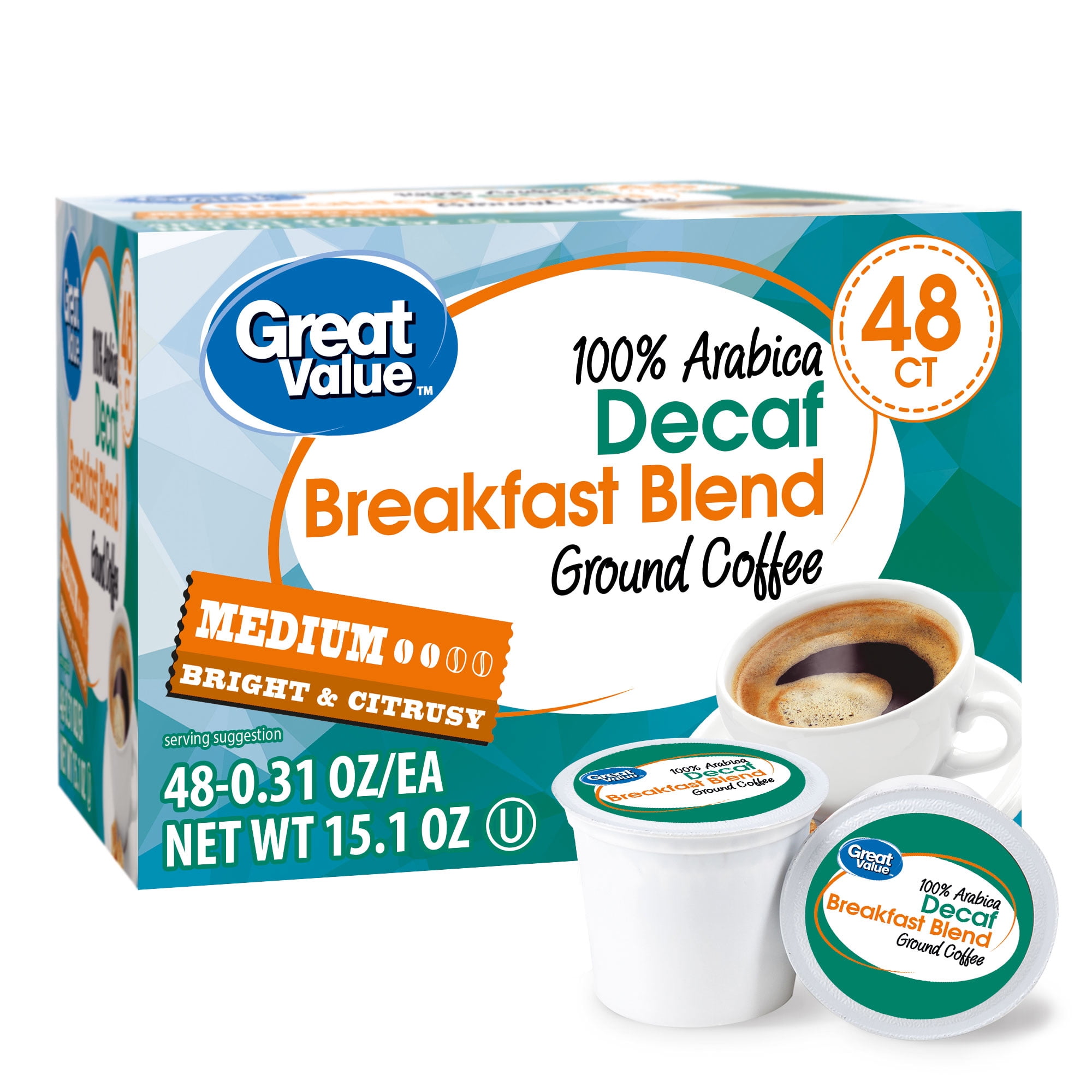 Great Value 100 Arabica Decaf Breakfast Blend Medium Ground Coffee, 0.