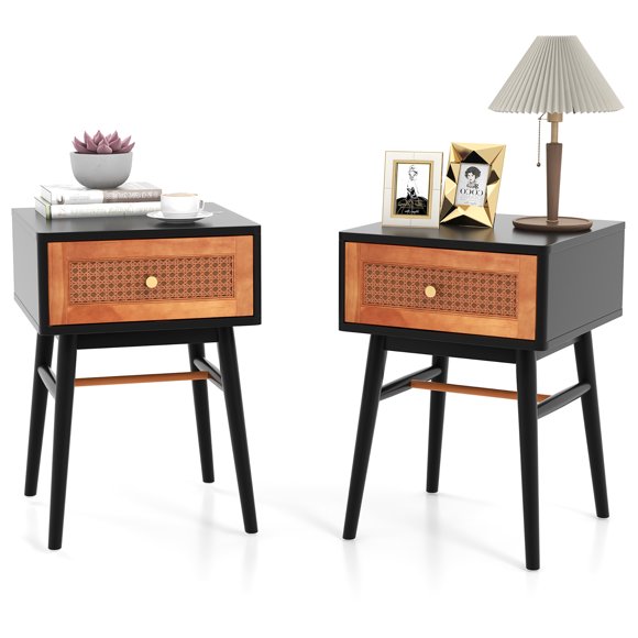 Gymax Set of 2 Nightstand Bedside End Table Solid Wood Legs Black