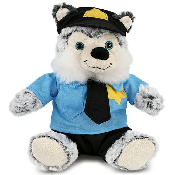 DolliBu Sitting Husky Police Officer Plush Toy - Super Soft Husky Cop Stuffed Animal Dress Up with Cute Cop Uniform and Cap Outfit - Fluffy Policeman Toy Plush Gift - 9 Inches