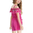 thumbnail image 3 of Girls' Off Shoulder Embroidered Floral Romper Shorts with lace trim, suited for beach trips, daily casual wear and holiday outdoor activities, 3-11 Years Hot Pink 7-8 Years, 3 of 4