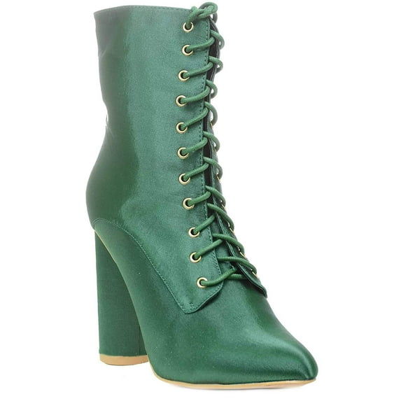 Green Lace Up Pointy Toe Satin Vegan Women's Boots Midcalf - 7.5