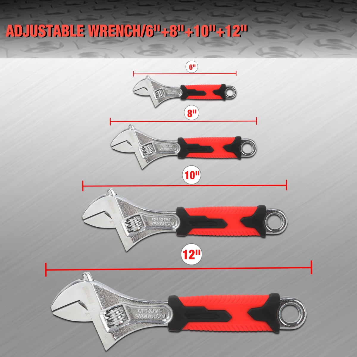 4Pcs Adjustable Wrench Spanner - 6-12 Inch, Vanadium Steel Automotive Repair Tool w/ Four-Sided Jaws and Rubber Grip