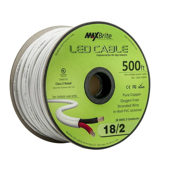 Cable LED MaxBrite 18 AWG, 2 conductores, 152 m, bajo voltaje
