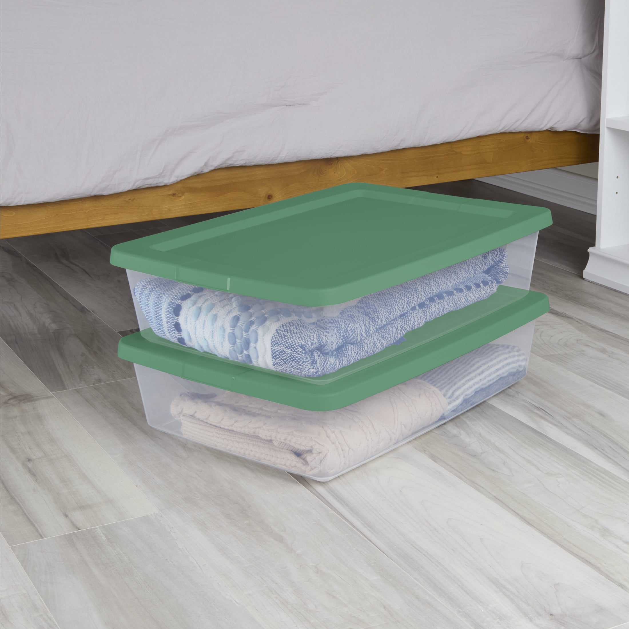 Sterilite, 28 Quart Clear Storage Bin, Snap-on Lid Storage Container, with Green Lid, Set of 2