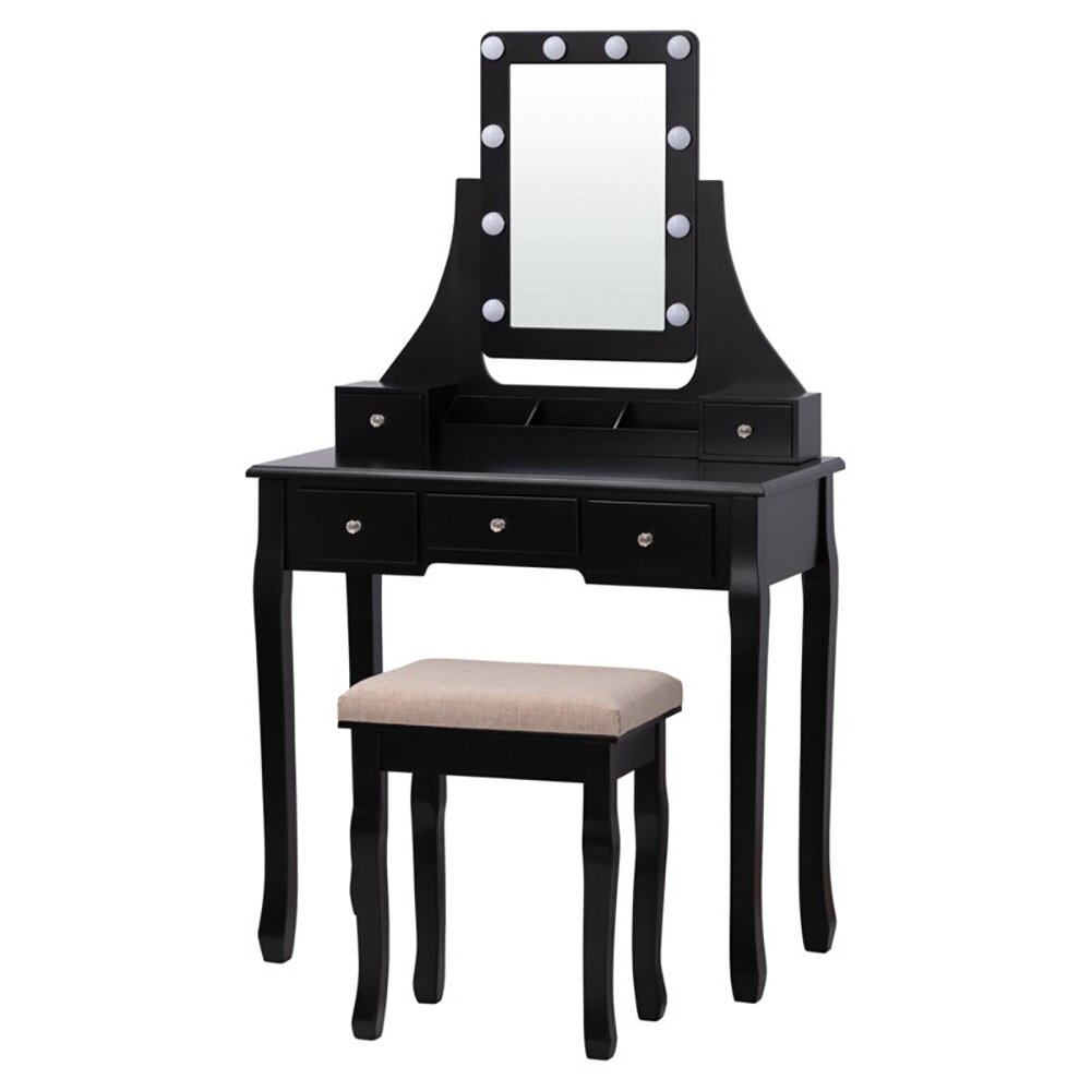 Wood Vanity Table With Square Mirror, Stool Yes, Smooth, sleek lines