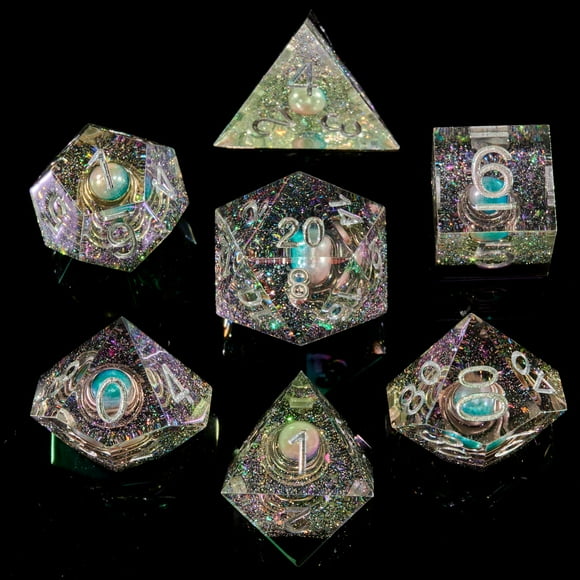 Fugacity Dnd Juego de dados Núcleo líquido Hecho a mano Borde afilado 7 piezas de dados de resina: mazmorras y dragones Juego de dados poliédricos Juego de dados D&D con estuche de dados de regalo par