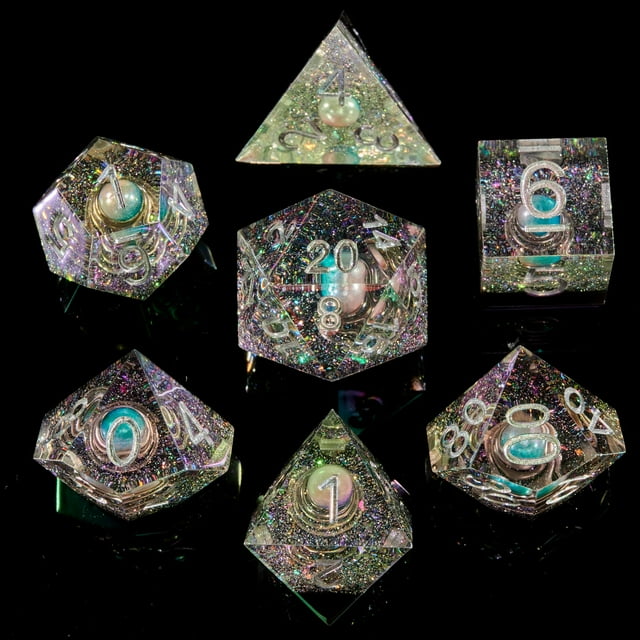 Fugacity Dnd Juego de dados Núcleo líquido Hecho a mano Borde afilado 7 piezas de dados de resina: mazmorras y dragones Juego de dados poliédricos Juego de dados D&D con estuche de dados de regalo par