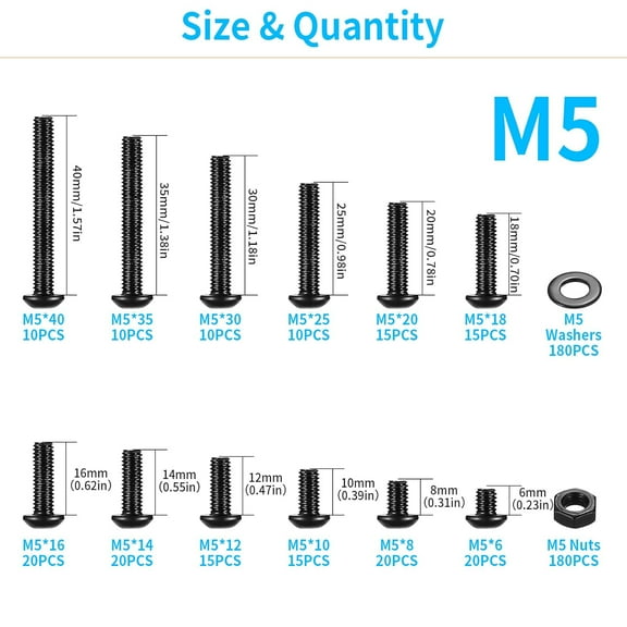 GHRTGR-540 Pcs M5 Machine Screw Assortment Kit, M5 Metric Bolts and Nuts Assortment, Hex Socket Button Head Cap Screws and Nuts and Washers Kit, Black Hex Nuts and Bolts and Washers Set