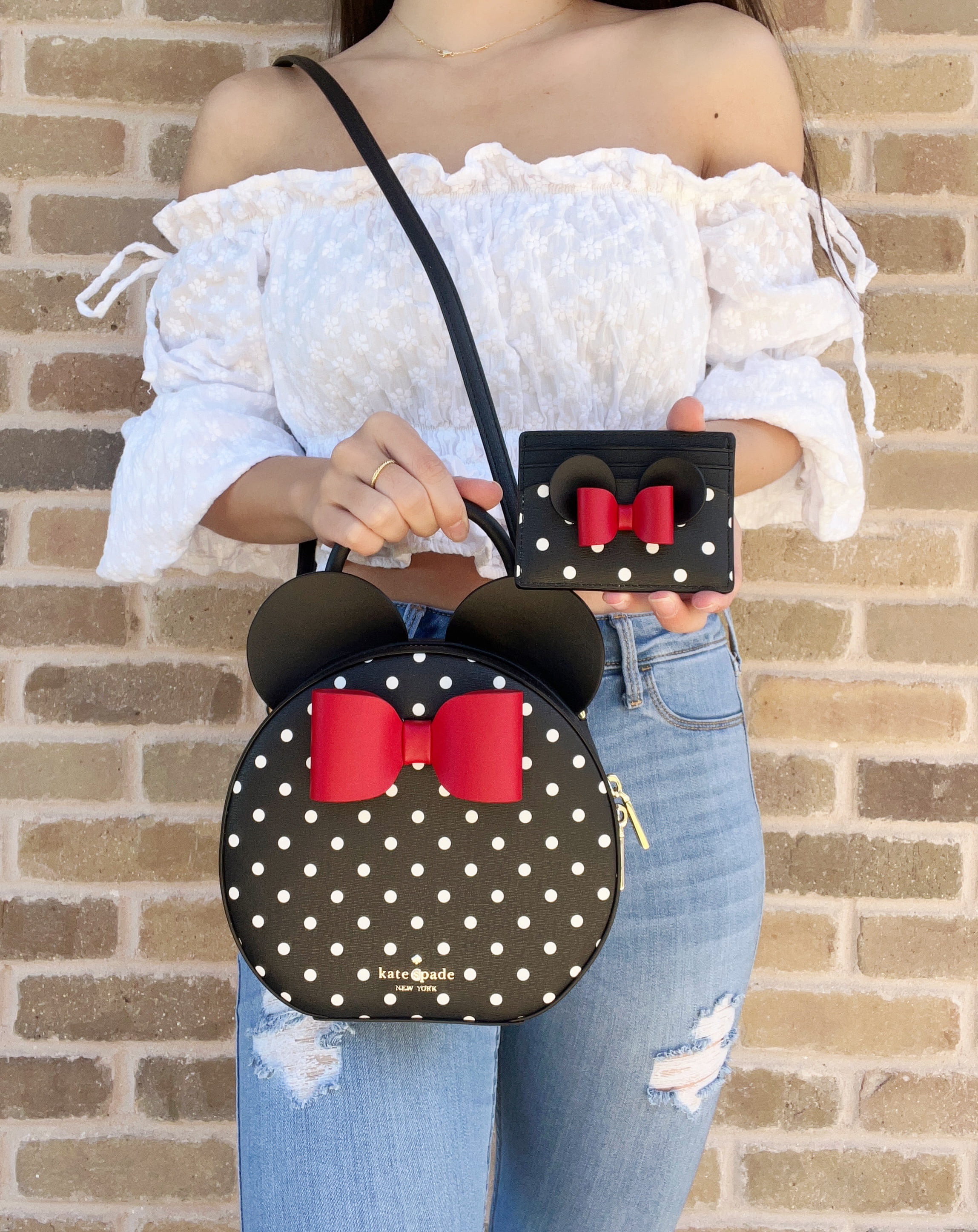 Disney x Kate Spade Minnie Mouse Round Crossbody Bag Black Multi + Card  Holder 