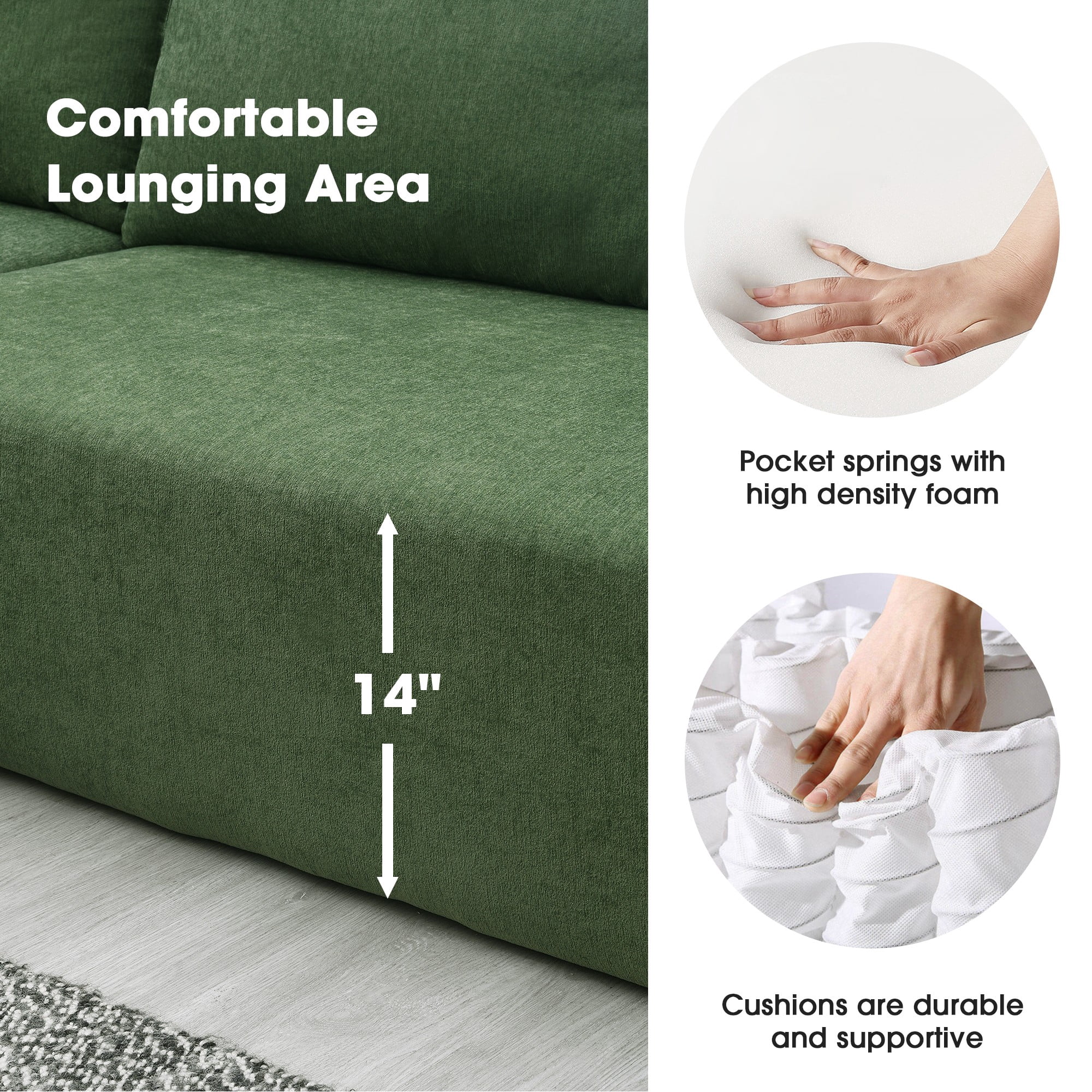 109" L-Shape Modular Sectional Sofa,Upholstered Compressed Sofa for Living Room, Bedroom,Green