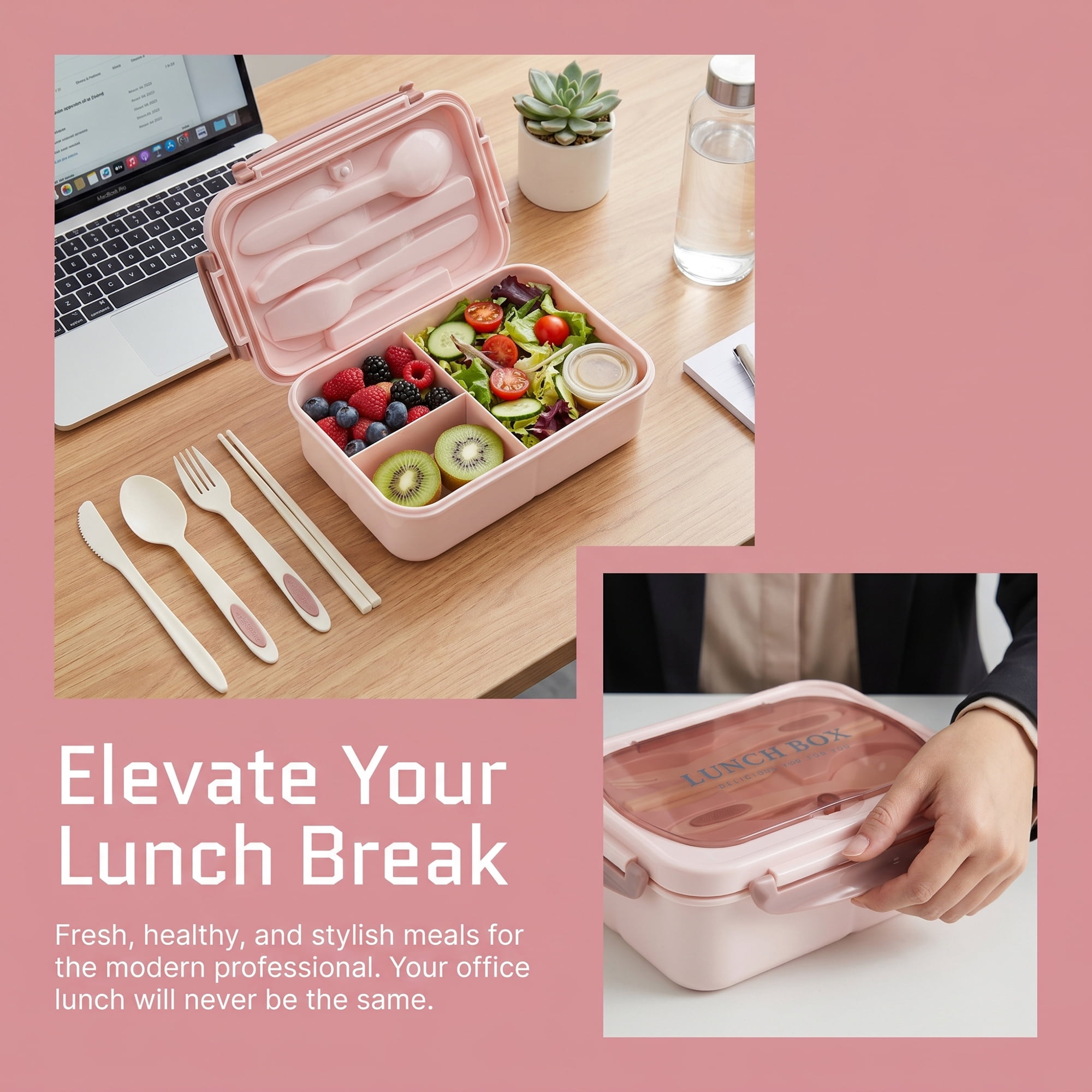 Unique Bargains 3-Compartment Leak-Proof  Lunch Bento Box with Utensils Pink