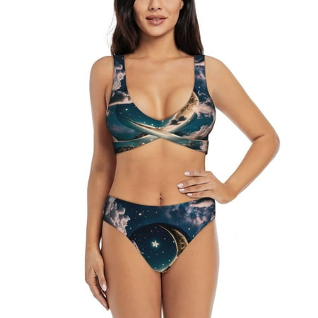 Zeuib Artistic Starry Sky Moon Book High Waisted Tummy Control Bikini Set - Knot Front Push Up Top & Cheeky Thong Bottom  Two-Piece Swimsuit for Women-X-Large