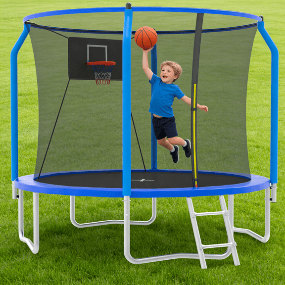 10FT Trampoline with Enclosure Net, Upgrade Outdoor Round Trampoline with Basketball Hoop, Heavy Duty Backyard Trampoline with Spring Cover for Kids and Adults, Blue