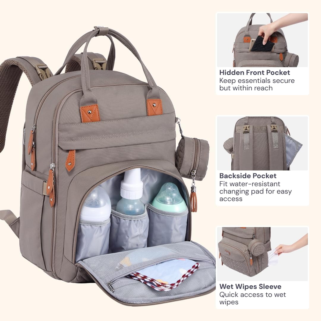 BabbleRoo Diaper Bag Backpack with Changing Pad & Stroller Straps, Khaki, 1 pc