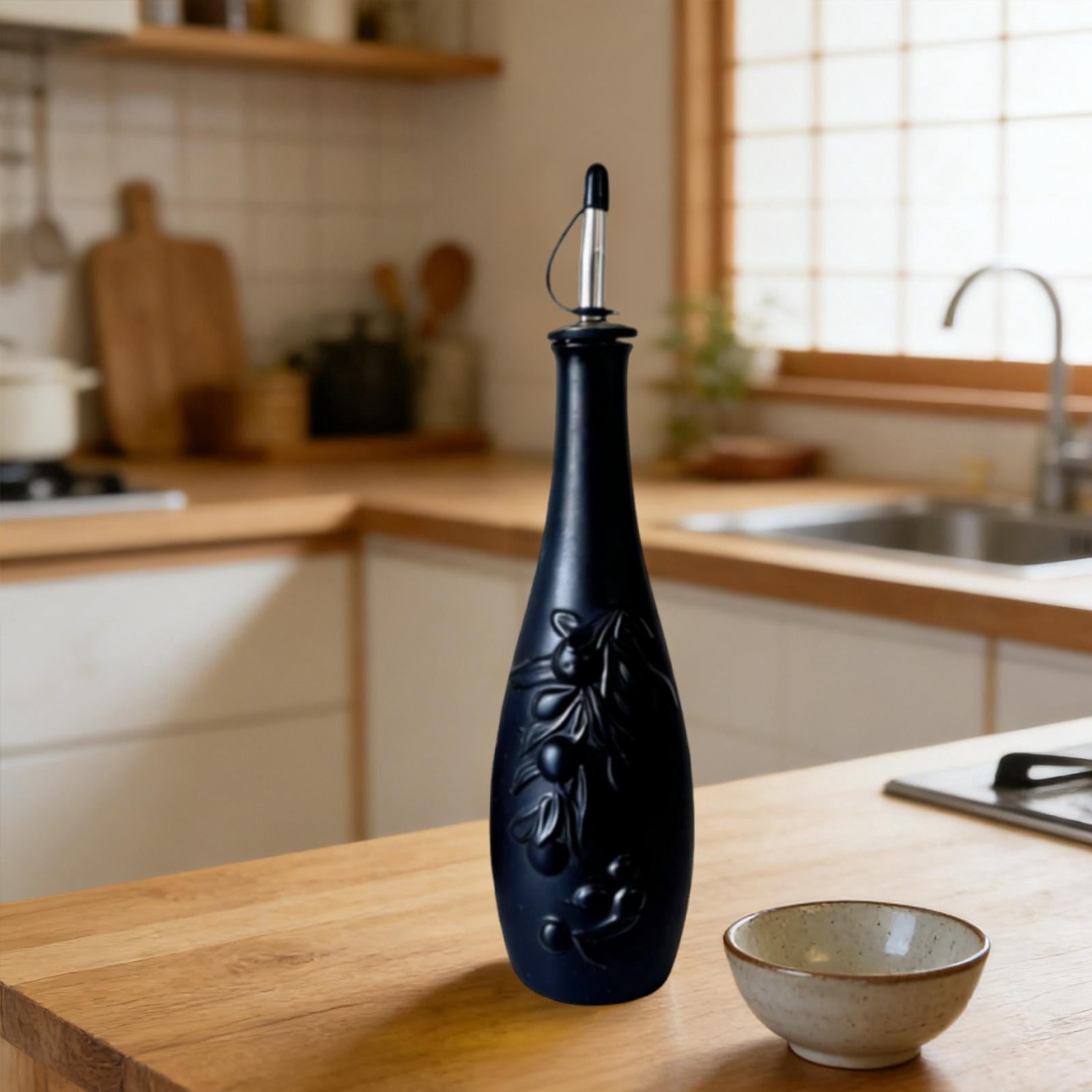 kowaku Ceramic Oil Bottle 350ml for Shoyu Syrup Nordic Pourer for Cooking Barbecue Heat Resistant with Lid Olive Oil Dispenser Black