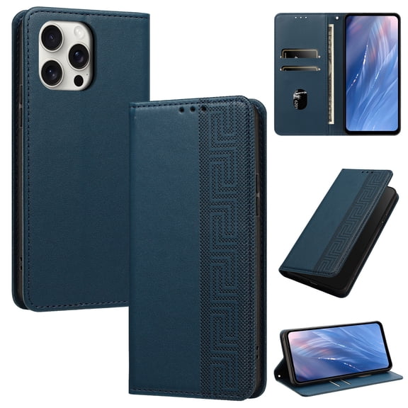 Feishell Wallet Case For iPhone 14 Pro, Premium PU Leather Flip Folio Cover with RFID Blocking Card Slots Cash Pocket Kickstand Wrist Strap Embossed Pattern Shockproof Phone Case,Darkblue