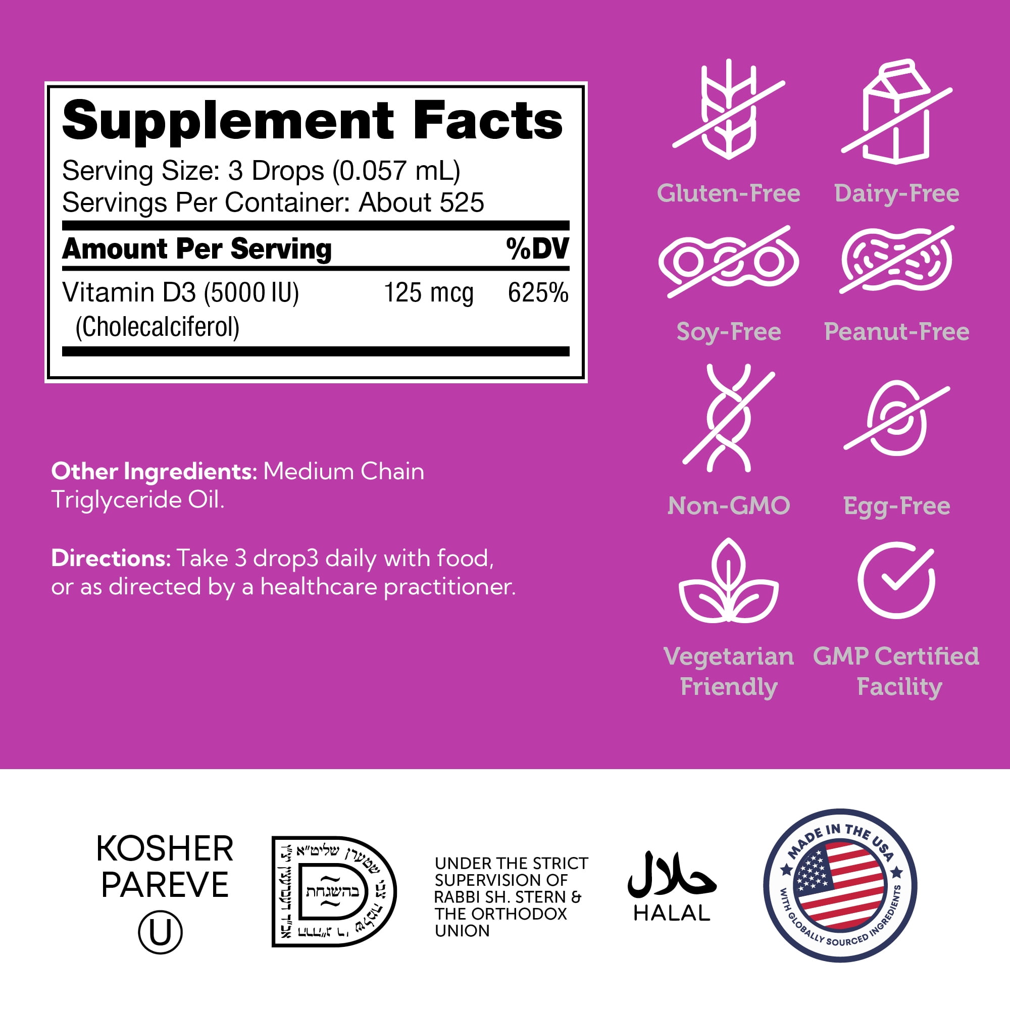 Zahler Vitamin D3 Liquid Drops 5,000 IU, Advanced D3 Formula, Immune Support, Bone Health, Easy One-Drop Daily Vitamin Supplement