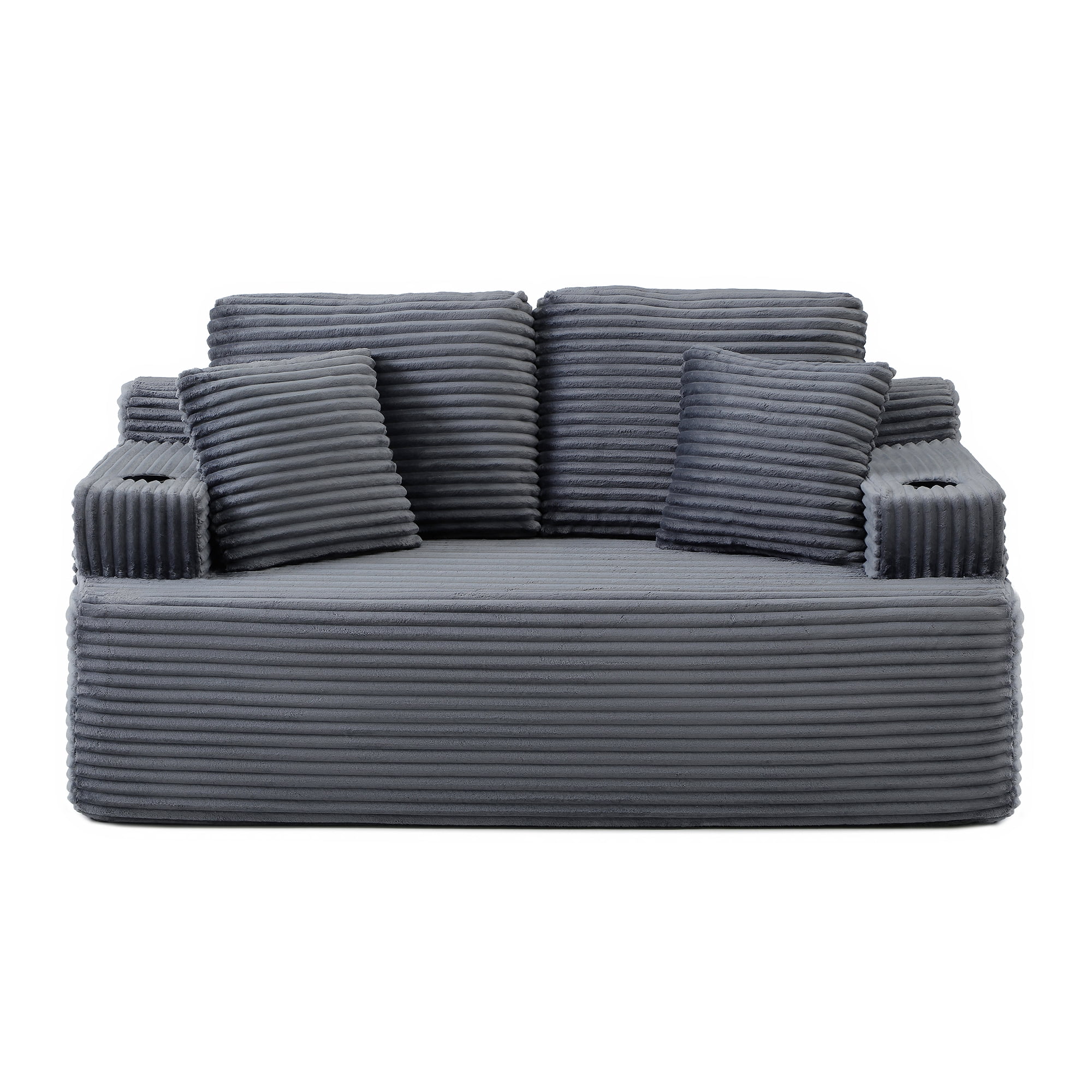 Boneless Loveseat, 2-Seater Floor Couch with Cup Holders and Side Pockets, Corduroy Fabric No Assembly Sofa for Small Space or Apartment, 66.5 Inch, Grey