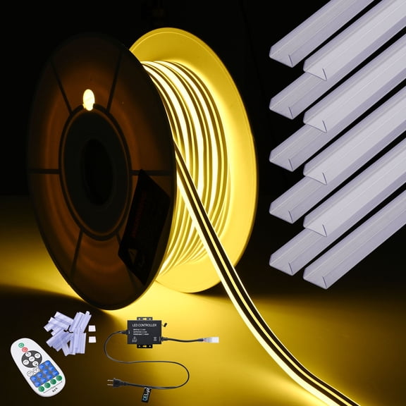 DELight 50FT Warm White Neon Rope Lights with 2" Plastic U Channel System 10PCS,Remote Control AC 110V Waterproof Cuttable DEL-D1M50W