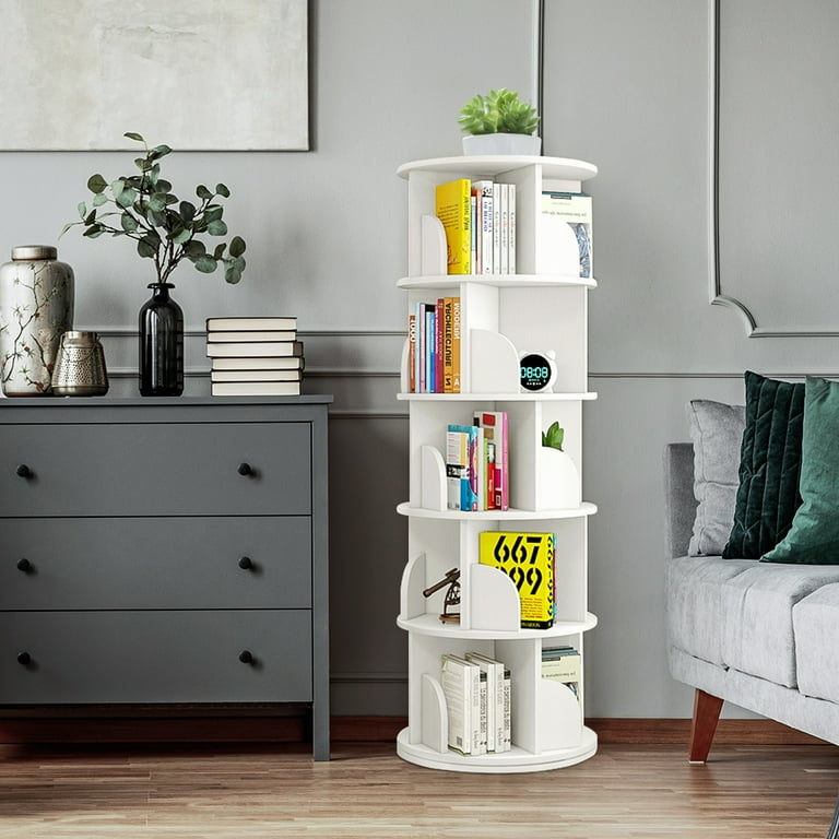 Bimiti 5-Tier Rotating PVC Bookshelf, 20 Shelves Book Tower