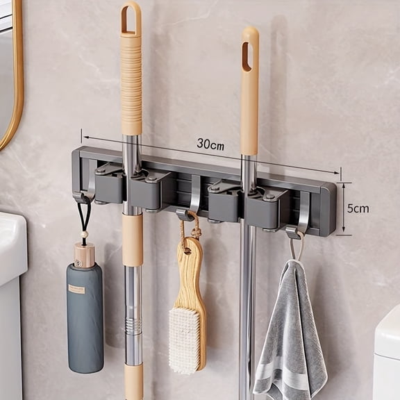 Gray 3 Hooks 2 Clips ,Heavy-duty Golden Metal Mop And Broom Holder with Adjustable Hooks - Wall-mounted Organizer for Home, Kitchen, Garden, Laundry Room, Garage - Durable Tool And Equipment Storage
