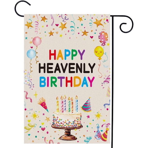 Happy Cemetery Decorations for Grave, 12x18 Inchers Heavenly Birthday Garden Flag Courtyard Lawn Outdoor Decoration, Cemetery Funeral Sign Memorial Flags for Farmhouse Decor Supplies