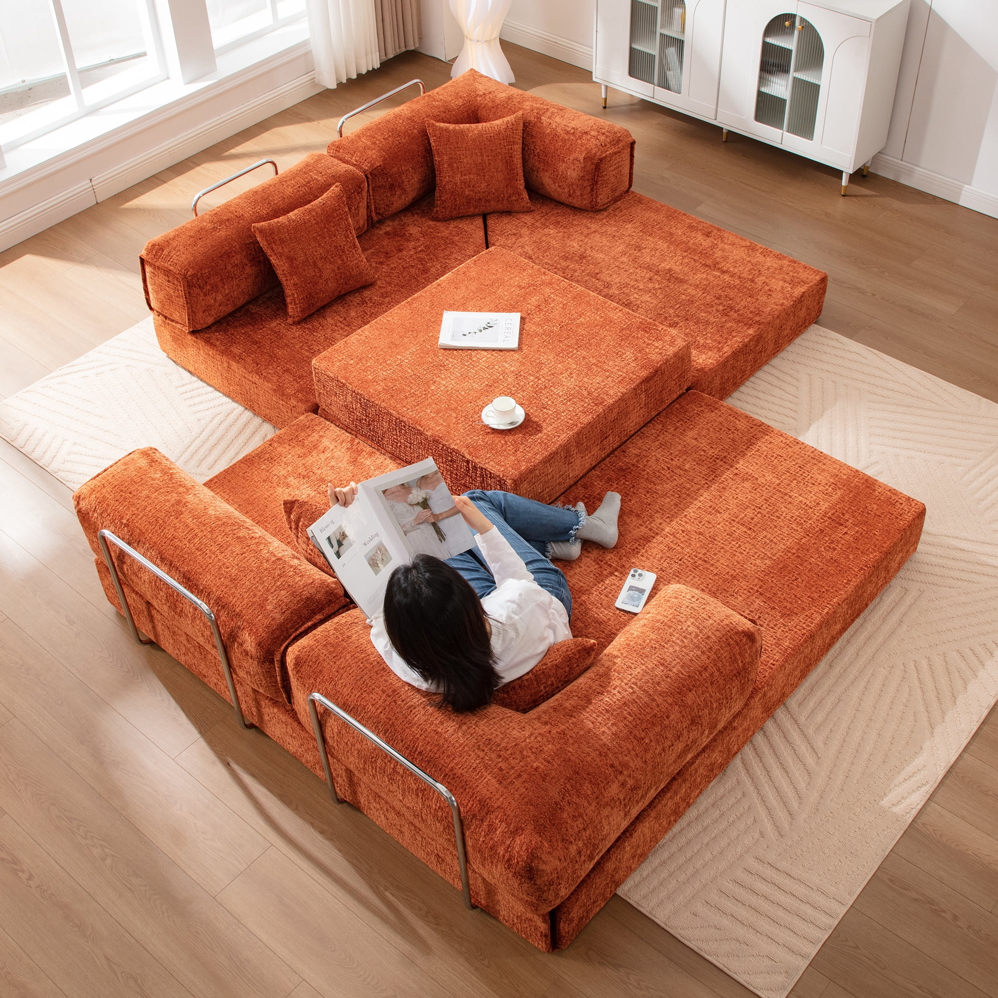 COOLHUT 106.3" W Combination Floor Sofa, High Density Sponge Sofa Couch, Modular Sectional Sofa L-Shape Cheillen Couch with Chaise, Big Comfy Sleeper Floor Sofa for Living Room, Reddish Brown