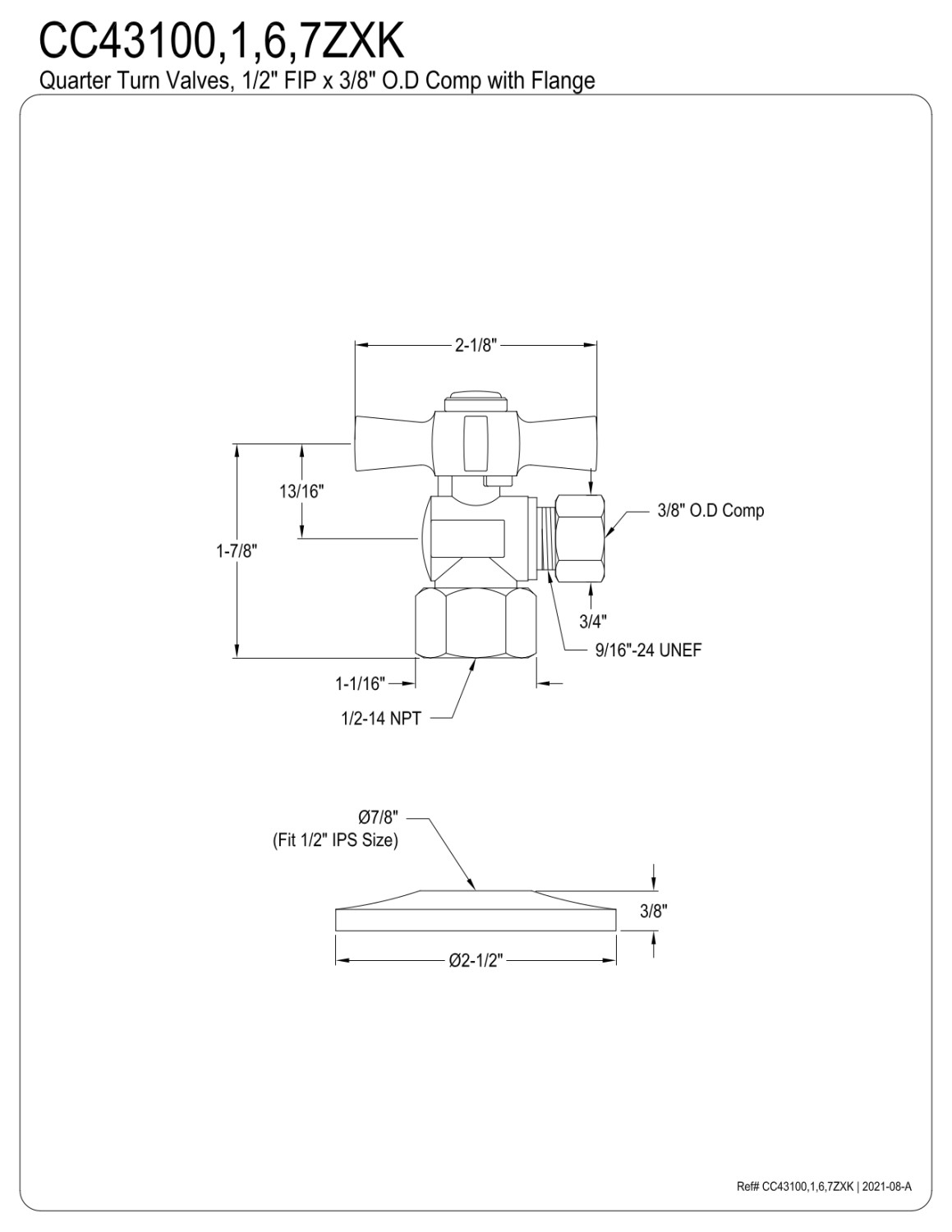 Kingston Brass CC43107ZXK 1/2" FIP x 3/8" OD Comp Quarter-Turn Angle Stop Valve with Flange, Brushed Brass