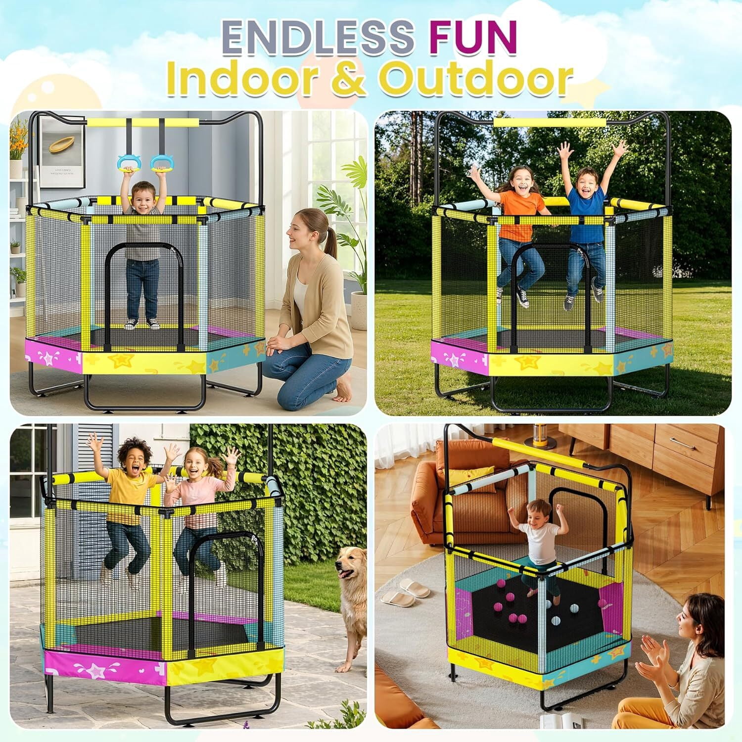 MOOSENG 7-in-1 Kids Trampoline with Safety Enclosure Net, 60" Hexagonal Toddler Trampoline with 500lbs Capacity, Indoor Outdoor Fun for Ages 1-8, Adjustable Handrail