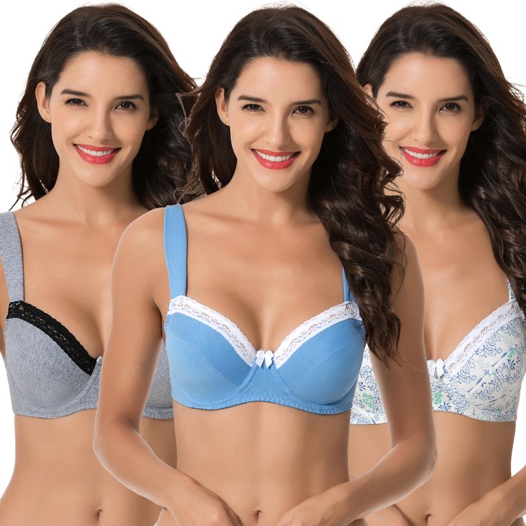 Curve Muse Women's Plus Size Underwired Unlined Balconette Cotton  Bra-3Pack-WHITE PRINT,BLUE,COOL GRAY-36B