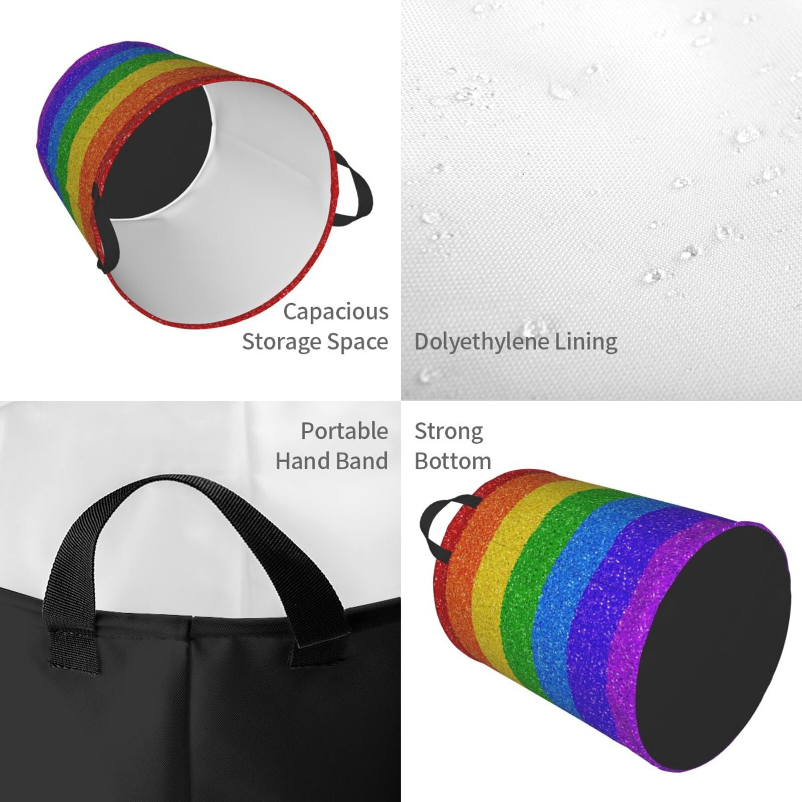 Large Laundry Basket with Handles - Colorful Glitter Rainbow Kids Baby Dirty Clothes Laundry Hamper for Bedroom Aesthetic