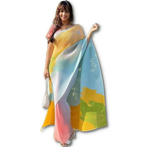 Accessorize Kingdom Women's Full Crushed Digital Printed Pure Georgette Saree With Unstitched Blouse Piece.