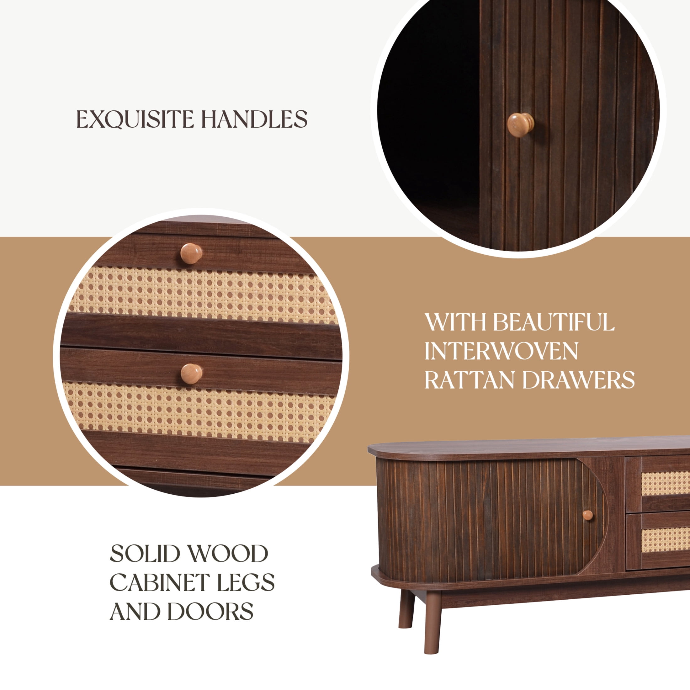 Noble House Rattan TV Stand for TVs up to 75 Inch with Storage Cabinets and Drawers, Brown + Natural