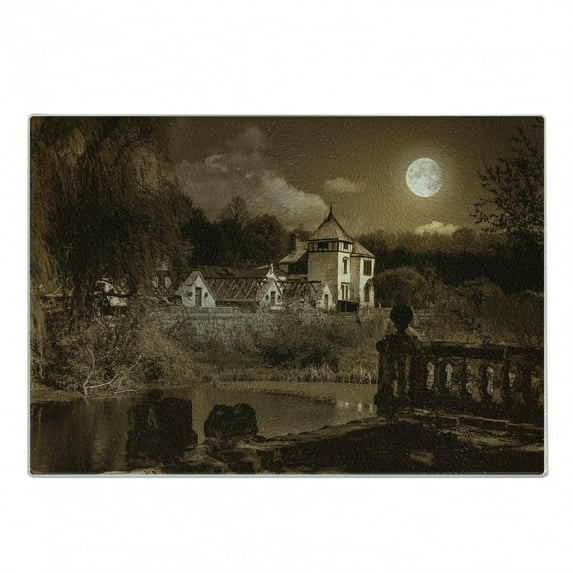 Gothic Cutting Board, Photo of Old Medieval Myst House in Retro Vintage Color at Full Moon Boho Style, Decorative Tempered Glass Cutting and Serving Board, Small Size, Brown, by Ambesonne