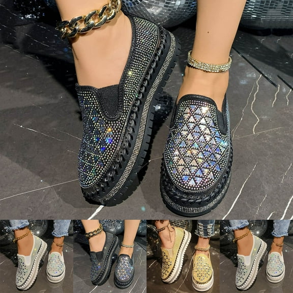 Miluxas Women's Rhinestones Glitter Platform Slip on Sneakers Casual Cute Shiny Walking Shoes Non-Slip Comfortable Dress Flat Loafers Yellow 9.5(43)