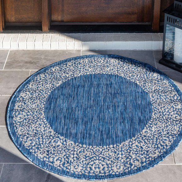 Unique Loom Outdoor Collection Transitional Indoor & Outdoor Traditional Floral Border Area Rug, 4 Feet, Blue/Gray