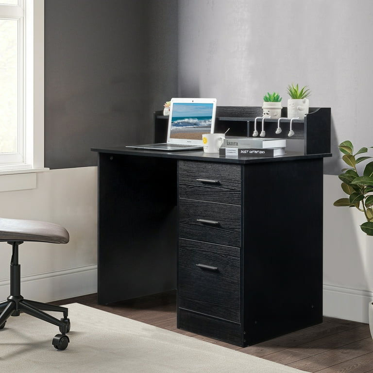 Ktaxon Computer Desk with 3 Drawers File Cabinet Black, Wooden
