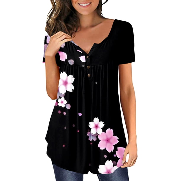 Gibobby Camisas De Vestir Mujeres Casual manga corta botón cuello en V suelta camiseta Top(Negro, XXXL)
