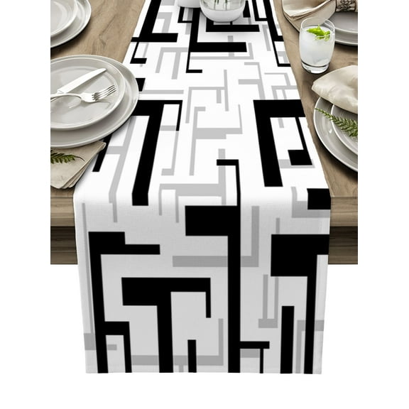 Table Runner Dresser Scarves 90 Inch Long, Modern Abstract Geometric Art Linen Dining Table Runners Black Gray White Patchwork Tabletop Scarf for Wedding Holiday Party Kitchen