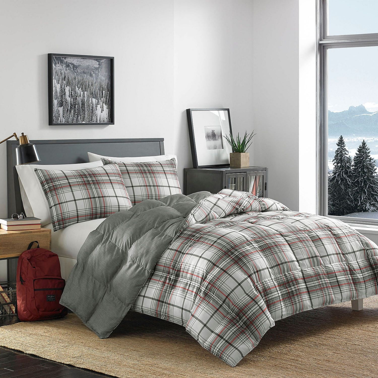 Eddie Bauer Full/Queen Down Alternative Comforter Set, White/Grey Plaid