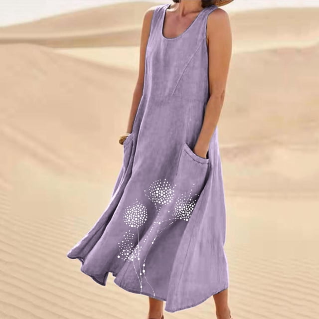 FcBaudy Robe Sans Manches à Col Rond, Robes d'Été pour Femmes, Nouvelles Robes Sans Manches en Lin Imprimé à Col Rond pour Femmes