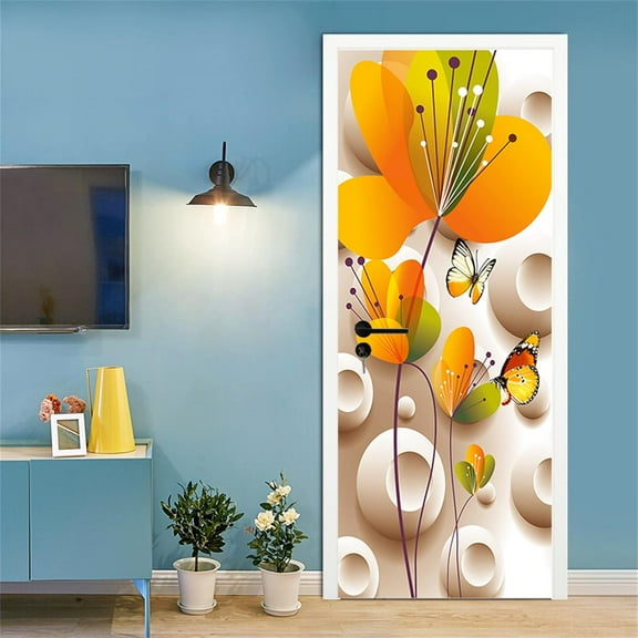 3D Peel and Stick Door Sticker - Self-Adhesive Door Wallpaper Murals Decal-Flower Colorful Butterfly Wall Poster for Home Decor,SP-F492,S(38.5x200cmx2Pcs)