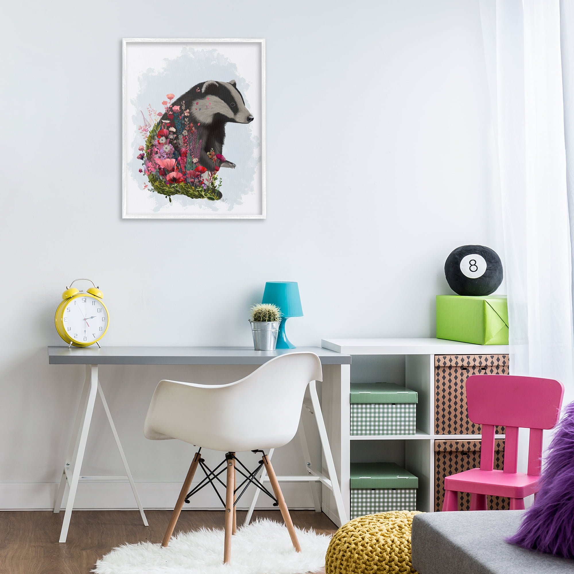 Stupell Industries Badger with Garden Blooms Botanical & Floral Painting White Framed Art Print Wall Art, 24 x 30