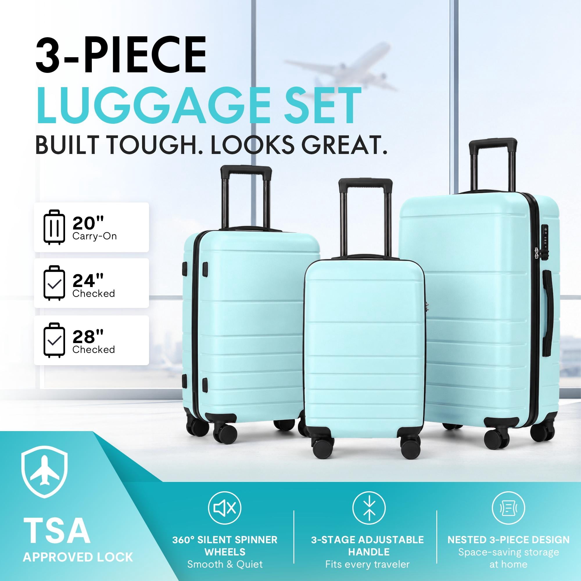 3-Piece ABS Hardshell Luggage Set, Lightweight Scratch-Resistant Suitcases with Silent Spinner Wheels & TSA Lock, Sky Blue